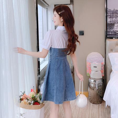 BY15277# 假两件牛仔连衣裙女夏季新款短袖衬衣领拼接显瘦a字牛仔裙服裝批發女裝批發服飾貨源