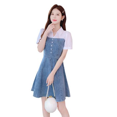 BY15277# 假两件牛仔连衣裙女夏季新款短袖衬衣领拼接显瘦a字牛仔裙服裝批發女裝批發服飾貨源