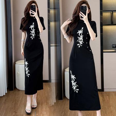 BY15279# 大码女装夏季新款金枝中式国风刺绣修身黑色短袖旗袍连衣裙服裝批發女裝批發服飾貨源