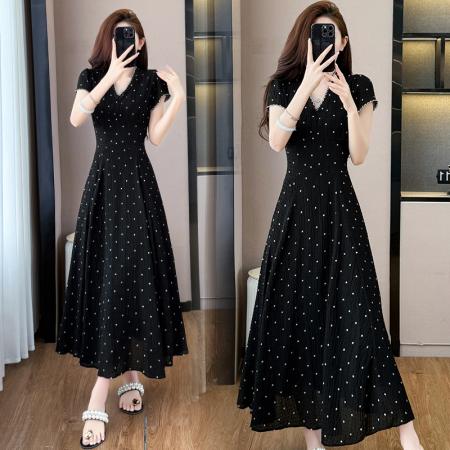 BY15281# 大码女装夏季新款时尚显瘦V领短袖波点气质连衣裙服裝批發女裝批發服飾貨源