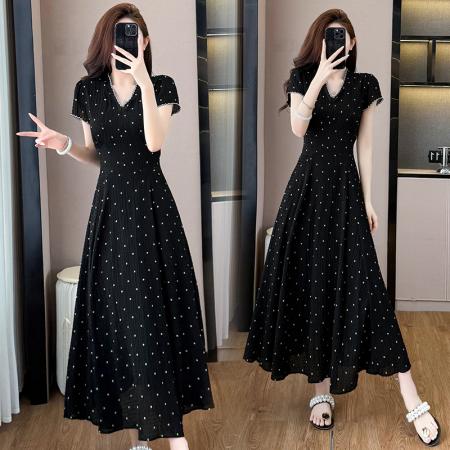 BY15281# 大码女装夏季新款时尚显瘦V领短袖波点气质连衣裙服裝批發女裝批發服飾貨源