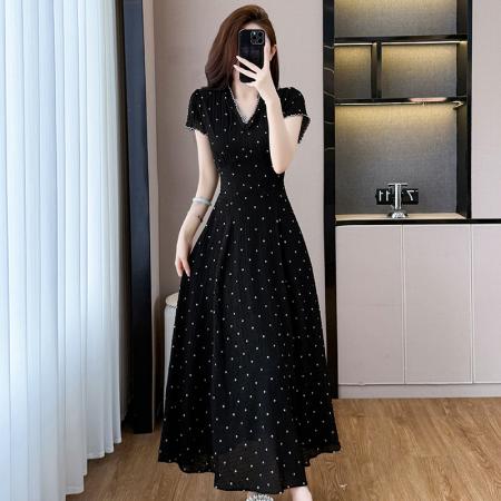 BY15281# 大码女装夏季新款时尚显瘦V领短袖波点气质连衣裙服裝批發女裝批發服飾貨源