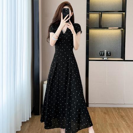 BY15281# 大码女装夏季新款时尚显瘦V领短袖波点气质连衣裙服裝批發女裝批發服飾貨源