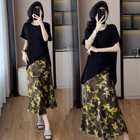 BY15282# 夏新款胖mm显瘦不规则下摆抽绳短袖+时尚碎花半身裙套装服裝批發女裝批發服飾貨源