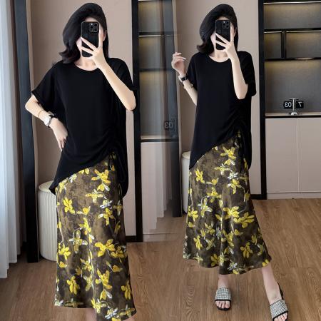 BY15282# 夏新款胖mm显瘦不规则下摆抽绳短袖+时尚碎花半身裙套装服裝批發女裝批發服飾貨源