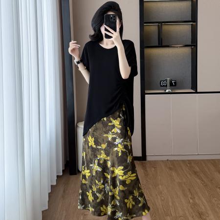 BY15282# 夏新款胖mm显瘦不规则下摆抽绳短袖+时尚碎花半身裙套装服裝批發女裝批發服飾貨源