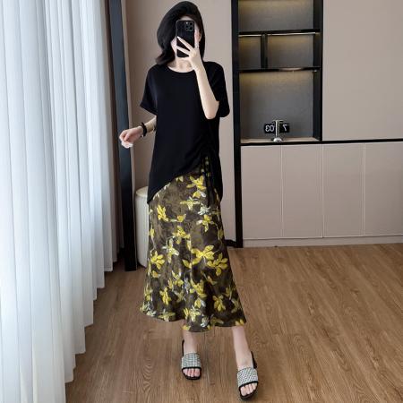 BY15282# 夏新款胖mm显瘦不规则下摆抽绳短袖+时尚碎花半身裙套装服裝批發女裝批發服飾貨源