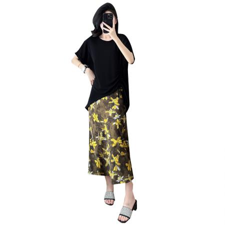 BY15282# 夏新款胖mm显瘦不规则下摆抽绳短袖+时尚碎花半身裙套装服裝批發女裝批發服飾貨源