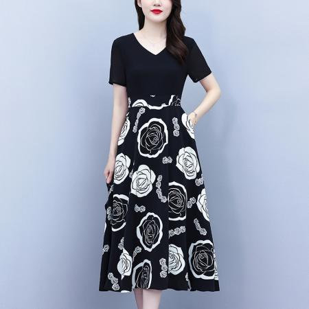 BY15283# 新款大码时尚拼接印花连衣裙女夏收腰遮肚子显瘦气质长裙服裝批發女裝批發服飾貨源