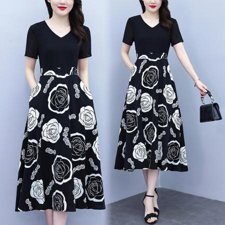 BY15283# 新款大码时尚拼接印花连衣裙女夏收腰遮肚子显瘦气质长裙服裝批發女裝批發服飾貨源