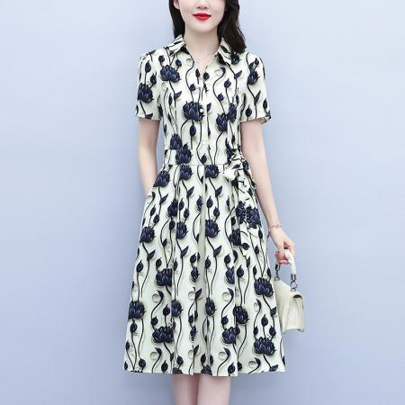 BY15285# 夏季新款时尚短袖连衣裙女气质收腰显瘦洋气印花减龄裙子服裝批發女裝批發服飾貨源