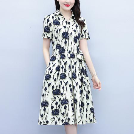 BY15285# 夏季新款时尚短袖连衣裙女气质收腰显瘦洋气印花减龄裙子服裝批發女裝批發服飾貨源