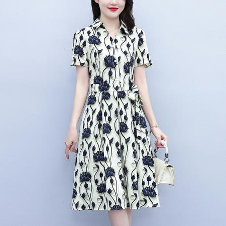 BY15285# 夏季新款时尚短袖连衣裙女气质收腰显瘦洋气印花减龄裙子服裝批發女裝批發服飾貨源