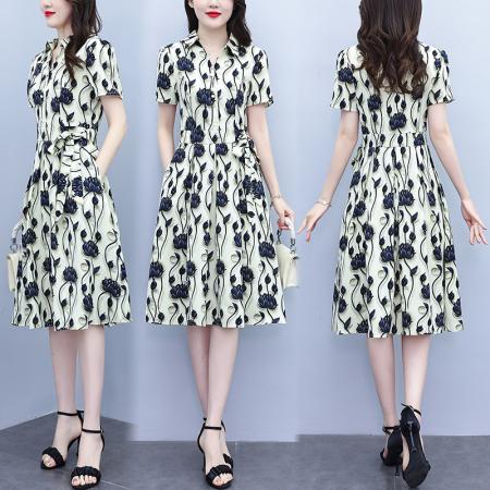 BY15285# 夏季新款时尚短袖连衣裙女气质收腰显瘦洋气印花减龄裙子服裝批發女裝批發服飾貨源