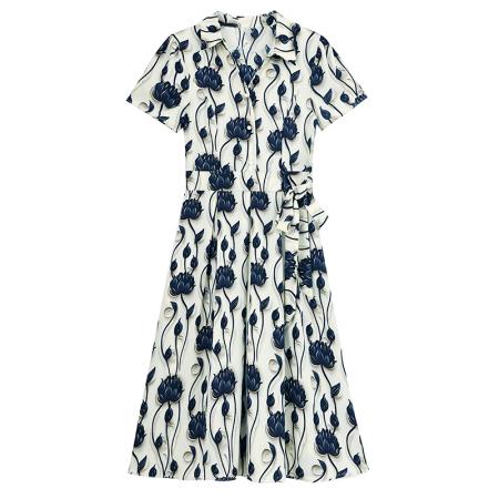 BY15285# 夏季新款时尚短袖连衣裙女气质收腰显瘦洋气印花减龄裙子服裝批發女裝批發服飾貨源