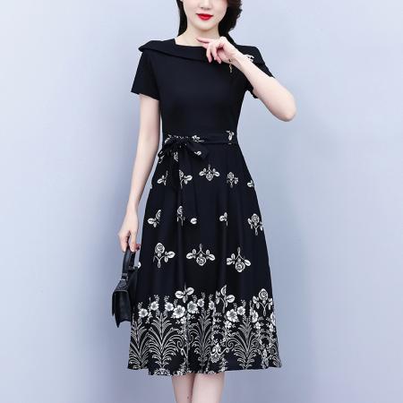 BY15286# 新款气质收腰黑色短袖拼接假两件遮肚显瘦减龄印花连衣裙女夏服裝批發女裝批發服飾貨源