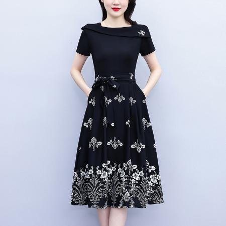 BY15286# 新款气质收腰黑色短袖拼接假两件遮肚显瘦减龄印花连衣裙女夏服裝批發女裝批發服飾貨源