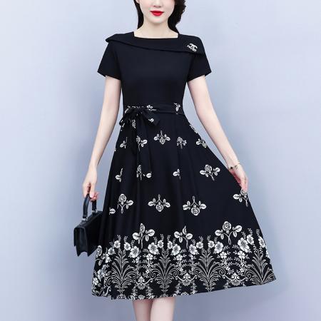 BY15286# 新款气质收腰黑色短袖拼接假两件遮肚显瘦减龄印花连衣裙女夏服裝批發女裝批發服飾貨源