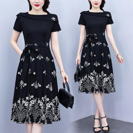 BY15286# 新款气质收腰黑色短袖拼接假两件遮肚显瘦减龄印花连衣裙女夏服裝批發女裝批發服飾貨源