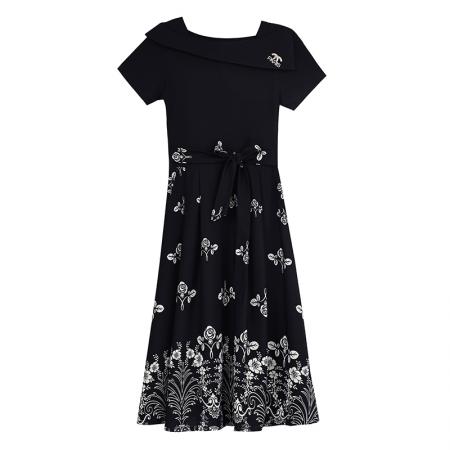 BY15286# 新款气质收腰黑色短袖拼接假两件遮肚显瘦减龄印花连衣裙女夏服裝批發女裝批發服飾貨源