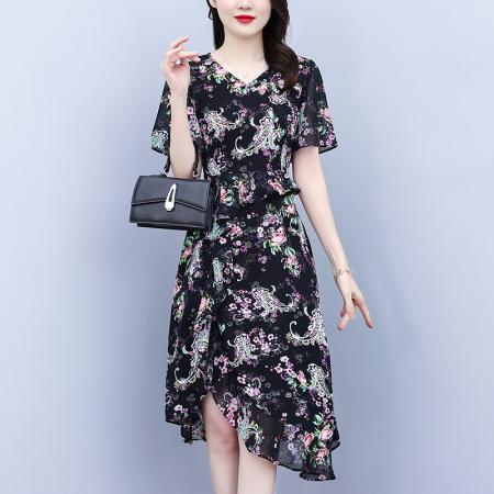 BY15288# 大码女装夏季新款阔太太气质优雅时尚显瘦碎花拼接连衣裙服裝批發女裝批發服飾貨源