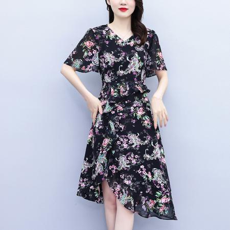 BY15288# 大码女装夏季新款阔太太气质优雅时尚显瘦碎花拼接连衣裙服裝批發女裝批發服飾貨源