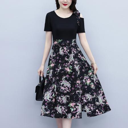 BY15289# 新款洋气拼接显瘦时尚过膝短袖a字裙碎花连衣裙女夏服裝批發女裝批發服飾貨源