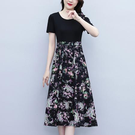 BY15289# 新款洋气拼接显瘦时尚过膝短袖a字裙碎花连衣裙女夏服裝批發女裝批發服飾貨源