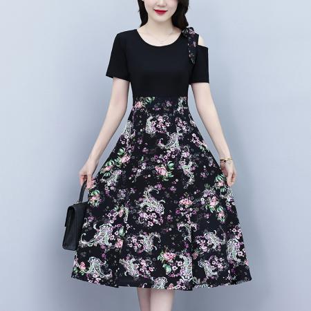 BY15289# 新款洋气拼接显瘦时尚过膝短袖a字裙碎花连衣裙女夏服裝批發女裝批發服飾貨源