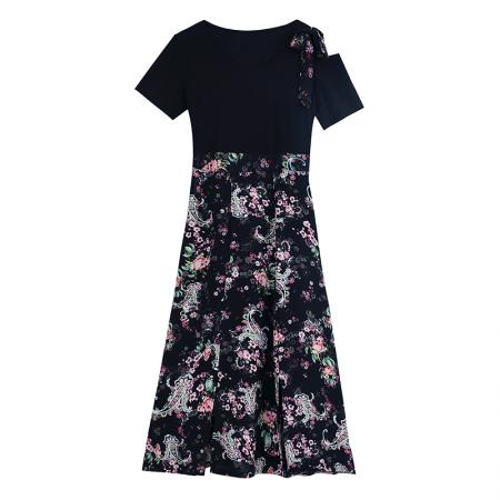 BY15289# 新款洋气拼接显瘦时尚过膝短袖a字裙碎花连衣裙女夏服裝批發女裝批發服飾貨源