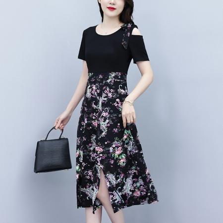 BY15289# 新款洋气拼接显瘦时尚过膝短袖a字裙碎花连衣裙女夏服裝批發女裝批發服飾貨源