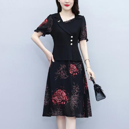 BY15292# 夏季新款胖mm西装领雪纺碎花拼接时尚遮肚气质连衣裙服裝批發女裝批發服飾貨源