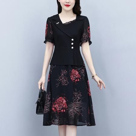 BY15292# 夏季新款胖mm西装领雪纺碎花拼接时尚遮肚气质连衣裙服裝批發女裝批發服飾貨源