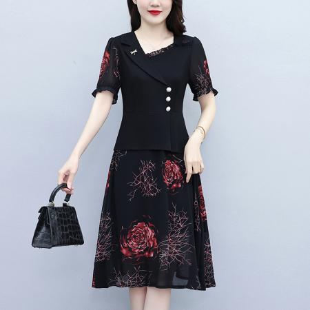 BY15292# 夏季新款胖mm西装领雪纺碎花拼接时尚遮肚气质连衣裙服裝批發女裝批發服飾貨源