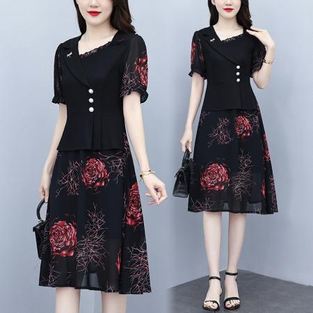 BY15292# 夏季新款胖mm西装领雪纺碎花拼接时尚遮肚气质连衣裙服裝批發女裝批發服飾貨源