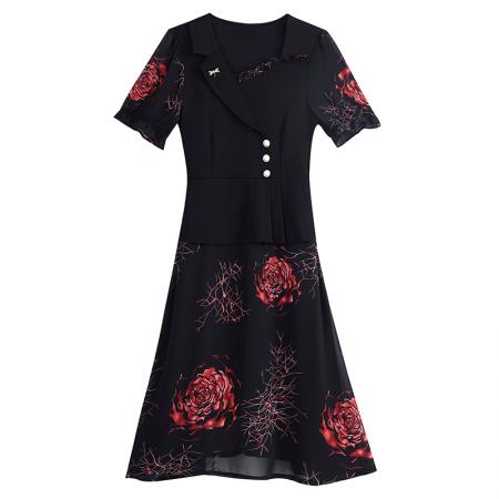 BY15292# 夏季新款胖mm西装领雪纺碎花拼接时尚遮肚气质连衣裙服裝批發女裝批發服飾貨源