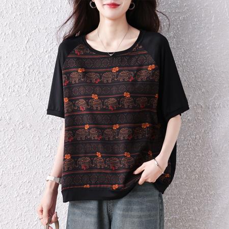 BY15315# 夏装新款时尚宽松百搭胖MM洋气T恤气质减龄显瘦大码上衣服裝批發女裝批發服飾貨源