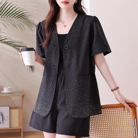 BY15316# 大码套装亚麻重工烫钻遮肉显瘦上衣夏新款胖mm阔腿短裤两件套服裝批發女裝批發服飾貨源