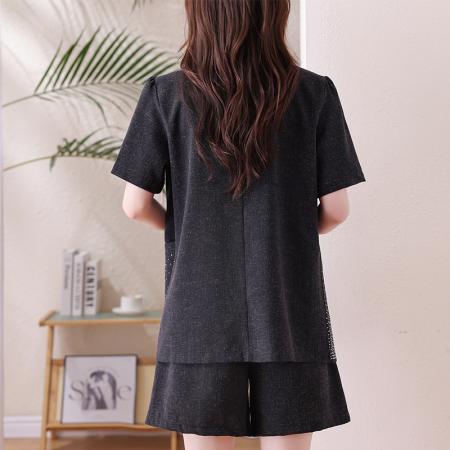 BY15316# 大码套装亚麻重工烫钻遮肉显瘦上衣夏新款胖mm阔腿短裤两件套服裝批發女裝批發服飾貨源