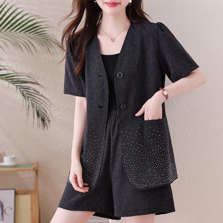 BY15316# 大码套装亚麻重工烫钻遮肉显瘦上衣夏新款胖mm阔腿短裤两件套服裝批發女裝批發服飾貨源