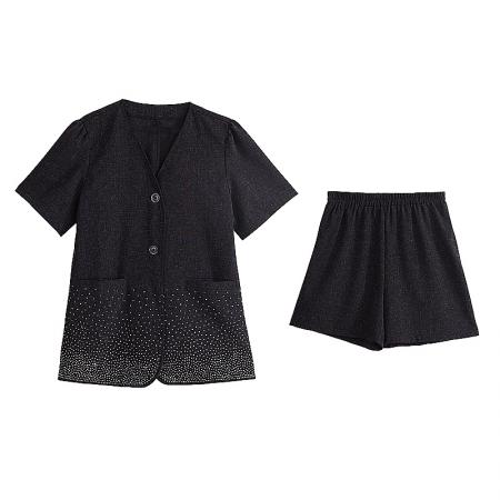 BY15316# 大码套装亚麻重工烫钻遮肉显瘦上衣夏新款胖mm阔腿短裤两件套服裝批發女裝批發服飾貨源