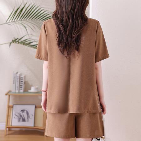 BY15317# 大码套装亚麻重工烫钻遮肉显瘦上衣夏新款胖mm阔腿短裤两件套服裝批發女裝批發服飾貨源