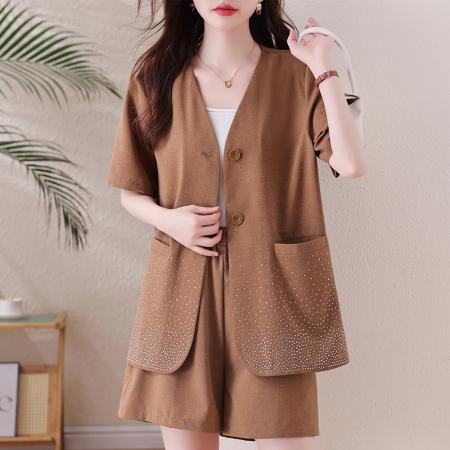 BY15317# 大码套装亚麻重工烫钻遮肉显瘦上衣夏新款胖mm阔腿短裤两件套服裝批發女裝批發服飾貨源