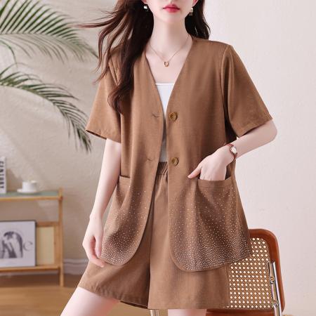 BY15317# 大码套装亚麻重工烫钻遮肉显瘦上衣夏新款胖mm阔腿短裤两件套服裝批發女裝批發服飾貨源