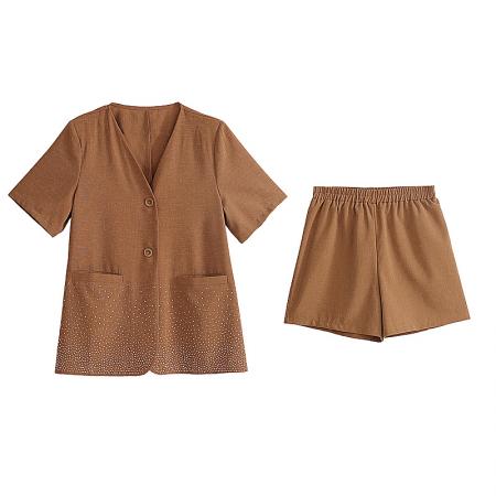 BY15317# 大码套装亚麻重工烫钻遮肉显瘦上衣夏新款胖mm阔腿短裤两件套服裝批發女裝批發服飾貨源