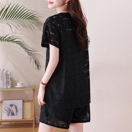 BY15318# 大码镂空提花蕾丝套装女夏新款欧货胖mm显瘦百搭上衣阔腿短裤服裝批發女裝批發服飾貨源