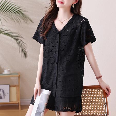 BY15318# 大码镂空提花蕾丝套装女夏新款欧货胖mm显瘦百搭上衣阔腿短裤服裝批發女裝批發服飾貨源