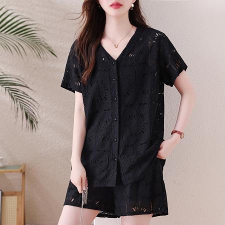 BY15318# 大码镂空提花蕾丝套装女夏新款欧货胖mm显瘦百搭上衣阔腿短裤服裝批發女裝批發服飾貨源