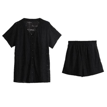 BY15318# 大码镂空提花蕾丝套装女夏新款欧货胖mm显瘦百搭上衣阔腿短裤服裝批發女裝批發服飾貨源