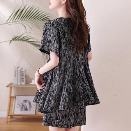 BY15319# 宽松大摆雪纺印花套装夏新款胖mm遮肚减龄上衣阔腿短裤两件套服裝批發女裝批發服飾貨源